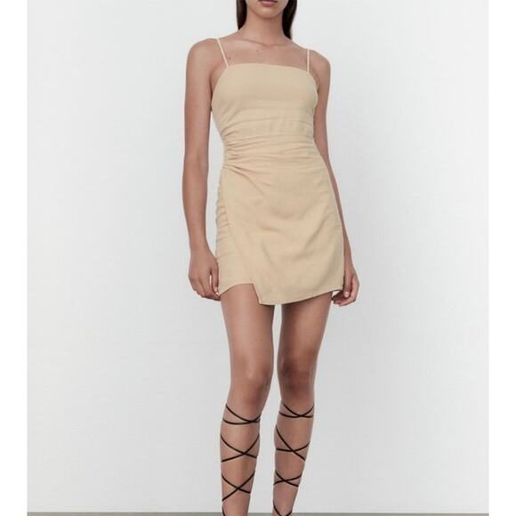 ZARA Linen Blend Mini Dress Small Tan Strappy Ruched Draped Asymmetrical EUC - Picture 1 of 11